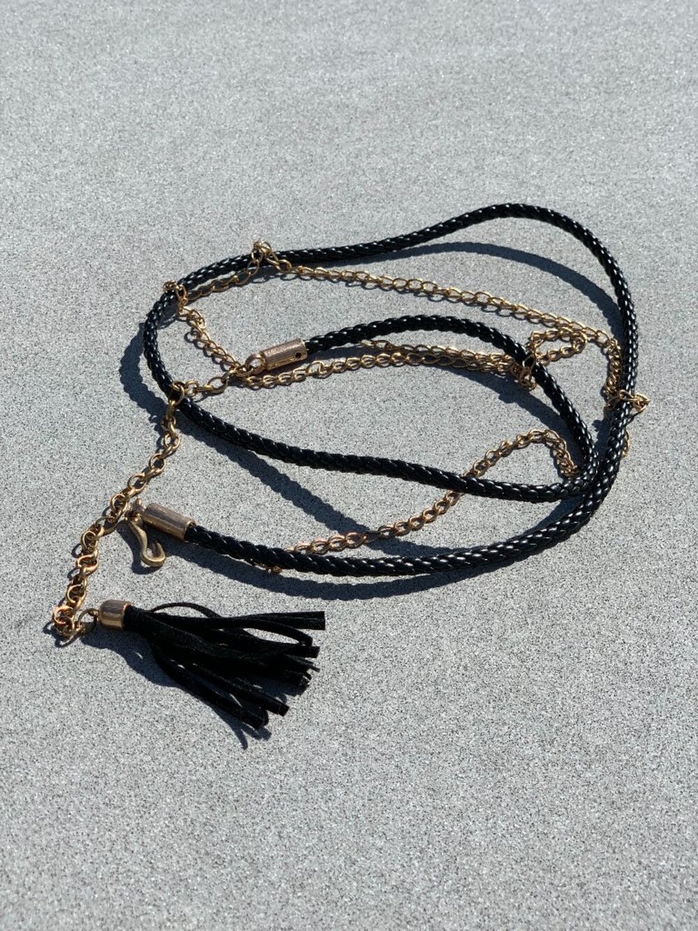 Black Faux Braided Leather Gold Chain Hip Waist Skinny Belt XL Festival Boho 70s